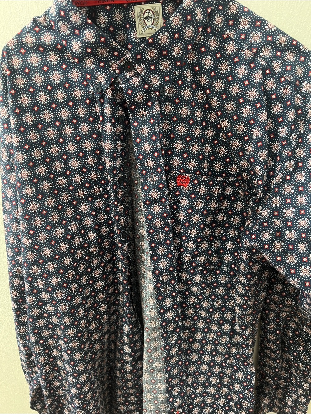Cinch Navy Button-Down Shirt with Red Pattern Accents